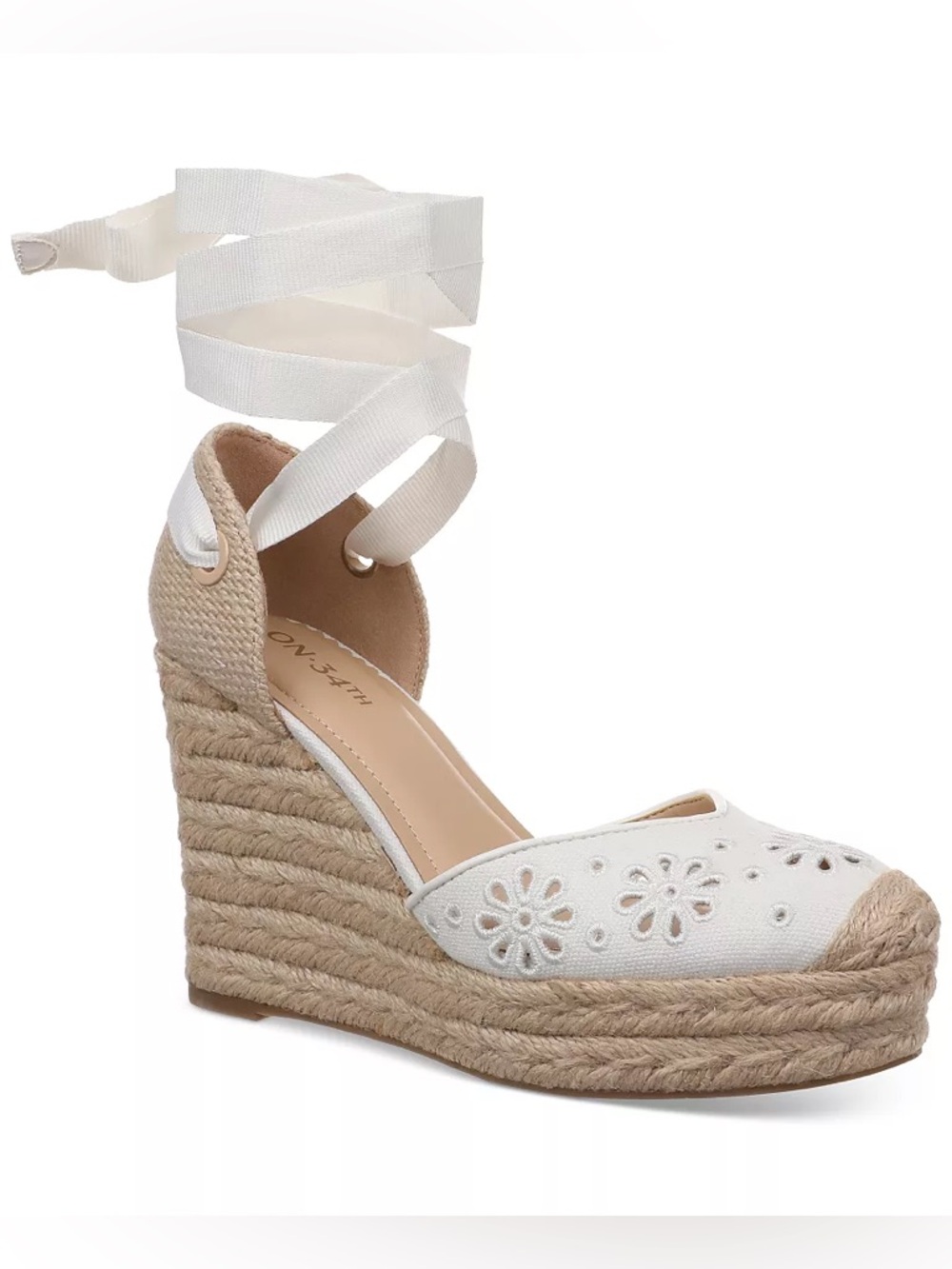 White Eyelet Espadrille Wedge Ankle Tie Sandals